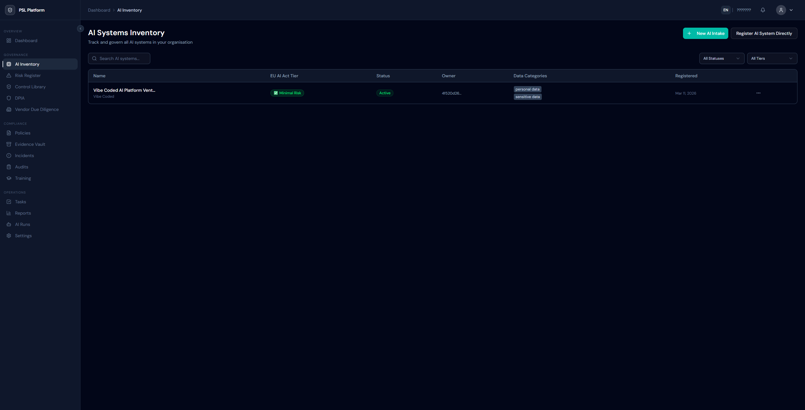 AI Systems Inventory — register and categorize all AI systems in use